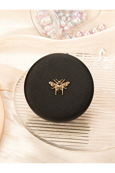 Choice AE-0252-BK 1PC Round Double-Sided Leather Makeup Mirror with Gold Bee, in Gold, Black, Pink, Rose Re