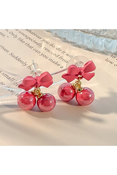 Choice أقراط وردية حمراء فائقة الحلاوة على شكل فيونكة وردية اللون من الفضة ال...