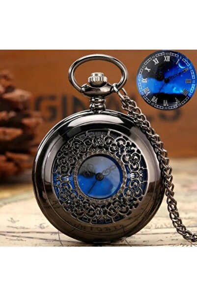 Choice ساعة جيب سوداء رائعة مرصعة بالنجوم مع قلادة زرقاء اللون من الكوارتز المجوف باللونين الأسود والفضي وأرقام رومانية