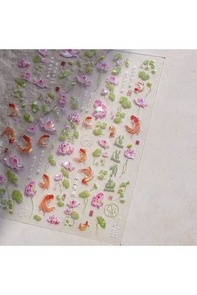 NAILFYOU TO3964 سمكة ذهبية، عشب مائي، زهرة اللوتس، أوراق الشجر، سمك الشبوط المزخرف، سمك الكوي، قطرات الماء المتموجة، فقاعات الماء