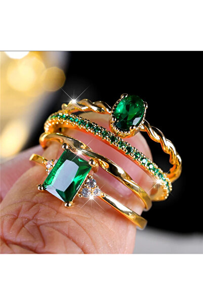 Choice طقم خواتم فاخر مكون من 4 قطع من حجر الزركون الأخضر، بتصميم عصري ولون ذ...