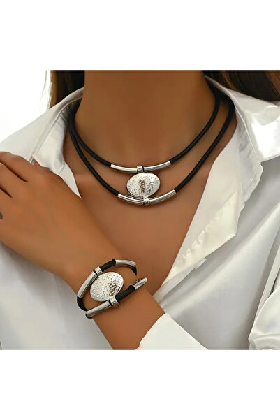 Choice AYASilver Color Vintage Oval Metal Faux Leather Necklace Bracelet For Women Fashion Gold Silver Colo
