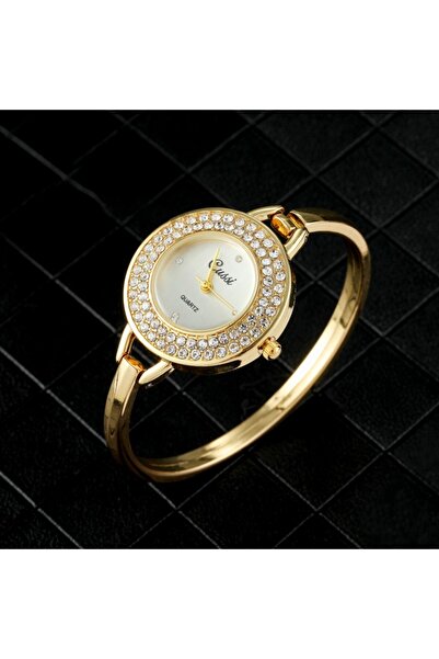 Choice ساعة ذهبية فاخرة بمينا ذهبي دائري وسوار كوارتز دائري مرصع بأحجار الراين أنيقة للنساء