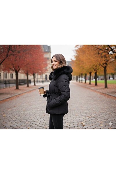 OEM Women's elegant jacket – Black, with hood and detachable fur collar – Size XXL