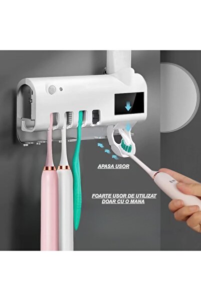 Boxely UV Toothbrush Holder with Sterilization, 4-Slot, No-Drill Mount, Smart Sensor, Solar & USB Ch