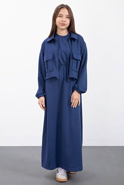 Cansın Mini Navy Blue Zippered Crop Jacket Zero Sleeve Girls' Dress Set 23410