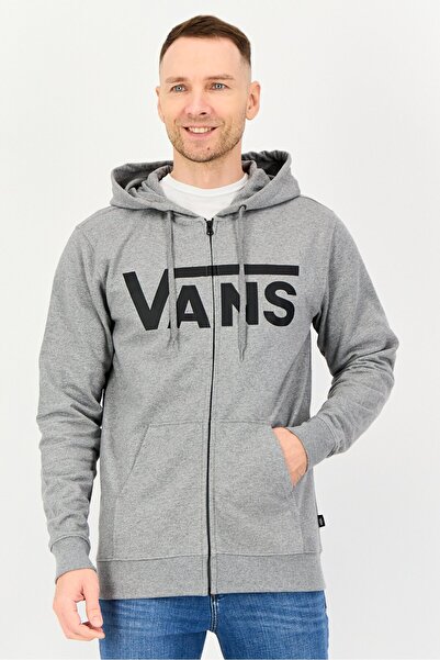 Vans Men Brand Logo Long Sleeve Full Zip Hoodie, Grey