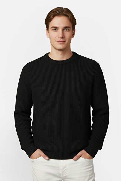 CELIO Men Ribbed Neck Knitted Sweater, Black