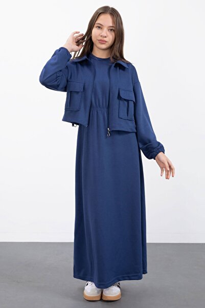 Cansın Mini Navy Blue Zippered Crop Jacket Zero Sleeve Girls' Dress Set 23410