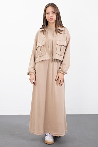 Cansın Mini Beige Zippered Crop Jacket Zero Sleeve Girls' Dress Set 23411