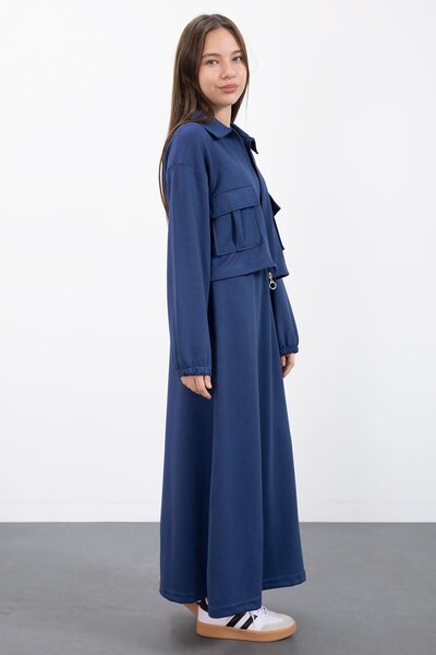 Cansın Mini Navy Blue Zippered Crop Jacket Zero Sleeve Girls' Dress Set 23410