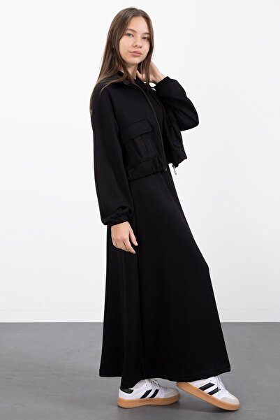 Cansın Mini Black Zippered Crop Jacket Zero Sleeve Girls' Dress Set 23409