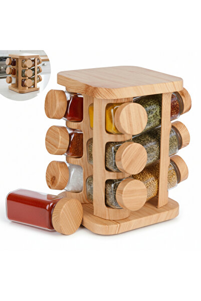 Köken Σετ 12 βάζα μπαχαρικών με βάση από απομίμηση ξύλου, χοντρό γυαλί, διαφανή, πλαστικά καπάκια