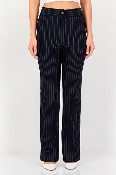Bianco Lucci Women Regular Fit Stripe Straight Leg Pants, Navy