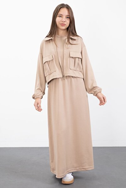 Cansın Mini Beige Zippered Crop Jacket Zero Sleeve Girls' Dress Set 23411