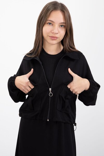 Cansın Mini Black Zippered Crop Jacket Zero Sleeve Girls' Dress Set 23409