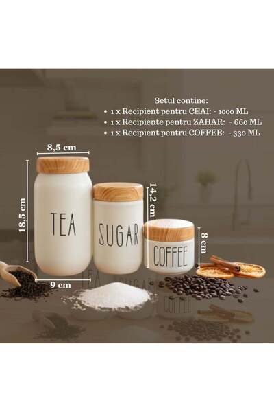 Köken Set of 3 Glass containers with BPA-free plastic lids, Jars inscribed with SUGAR, TEA COFFEE, White