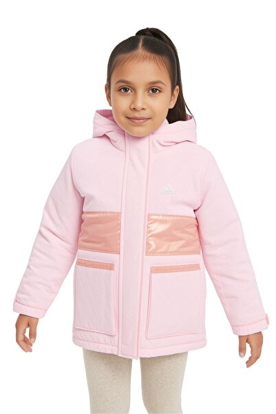 adidas جاكيت منفوخ خارجي بشعار العلامة التجارية للبنات الصغار، وردي