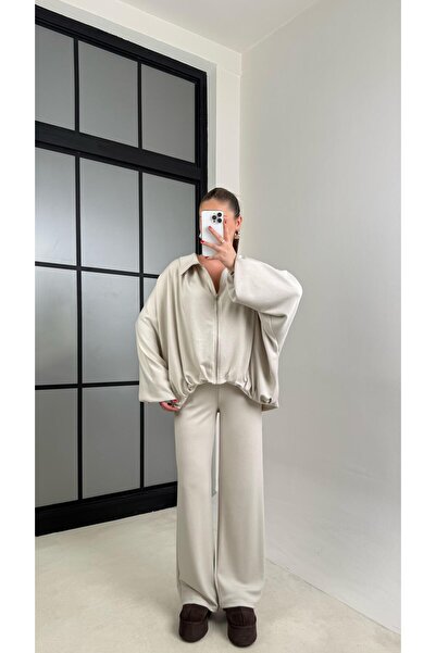 Gaus Stone Bomber Cardigan Elastic Waist Trousers Two-Piece Set Gaus-00556