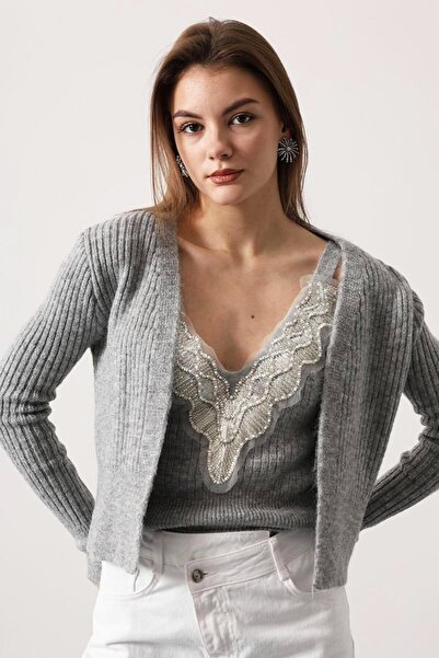 VAGGON Women's Gray Lace Detailed Blouse and Corded Fabric Cardigan Knitwear Set Vs01708