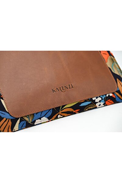 karenzi Handcrafted Leather & KALAMKARI Fabric Laptop Sleeve - Front & Back Pockets
