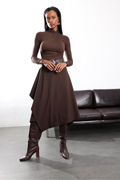 5in1Canpolat Brown Double-Breasted Design Midi Skirt 17264