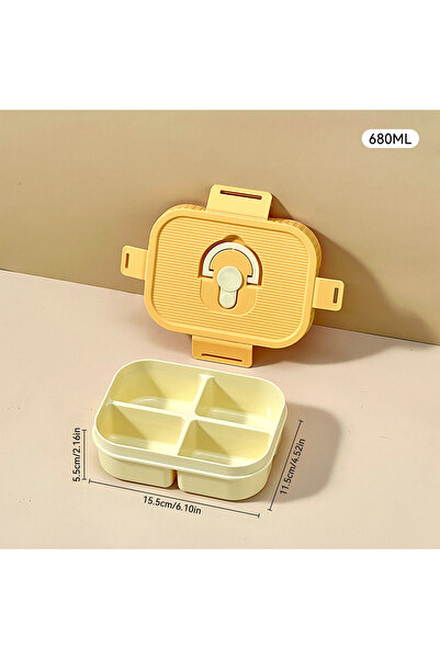 WORTHBUY Yellow 4 Grids 680ml Portable Plastic Lunch Box With Compartment Microwave Safe Fruit Salad