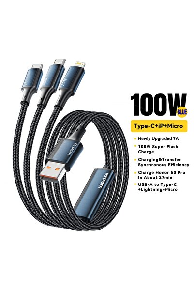 essager كابل شحن سريع 3 في 1 من USB Type C بقوة 100 وات و7 أمبير، أزرق، بطول ...