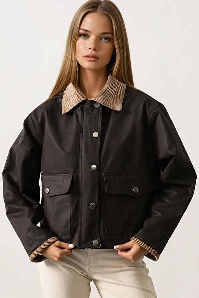 VAGGON Double Pocket Velvet Collar Lined Jacket