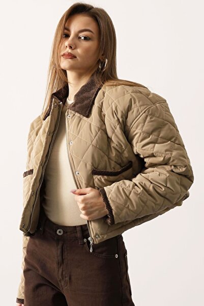 VAGGON Velvet Collar Double Pocket Lined Quilted Coat