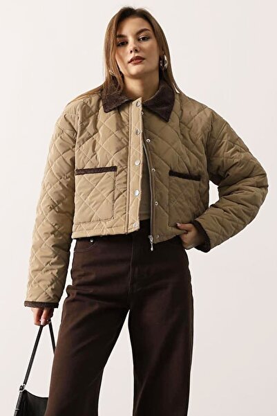 VAGGON Velvet Collar Double Pocket Lined Quilted Coat