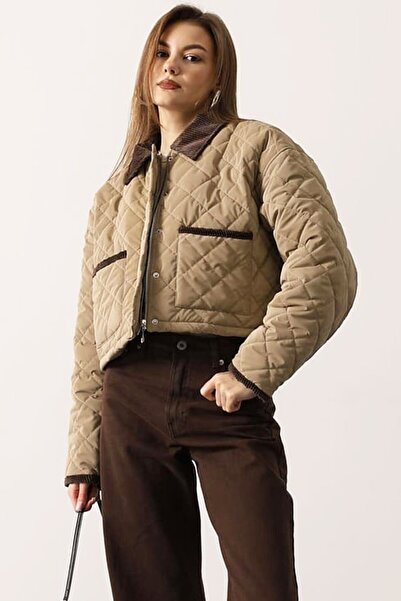 VAGGON Velvet Collar Double Pocket Lined Quilted Coat