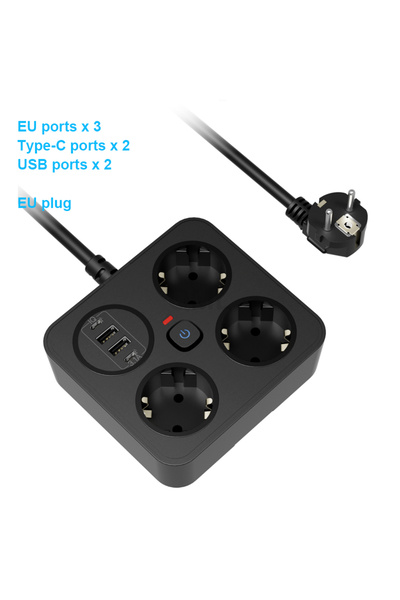 Choice قابس الاتحاد الأوروبي الأسود، شريط طاقة أوروبي ثلاثي الاتجاهات، حماية من التحميل الزائد، سلك تمديد 2 متر، مقبس طاقة الاتحاد الأوروبي مع