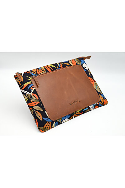 karenzi Handcrafted Leather & KALAMKARI Fabric Laptop Sleeve - Front & Back Pockets
