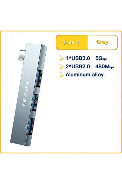 essager محول موزع USB-C 3 في 1 عالي السرعة باللون الرمادي بثلاثة منافذ من الن...