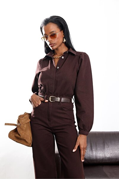 5in1Canpolat Bitter Brown Belted Denim Jumpsuit 8152