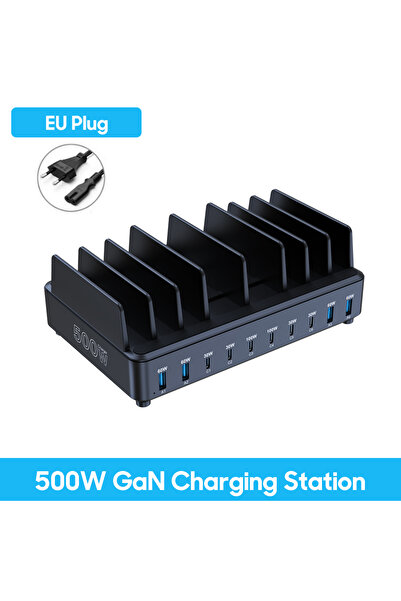 Choice شاحن USB C بقوة 500 وات بمقبس الاتحاد الأوروبي و10 منافذ وقاعدة شحن Ga...