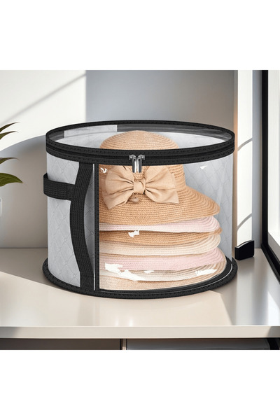 Choice Round Grey Extra-Large Foldable Hat Storage Box - Durable Non-Woven Fabric, Stain-Resistant with Cle