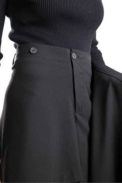 5in1Canpolat Black Double-Breasted Design Midi Skirt 17264