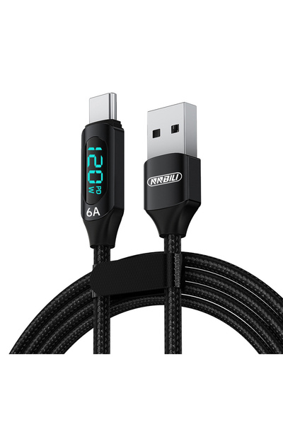 Choice كابل NNBILI USB Type C أسود 1.5 متر 120 واط تيار متردد - تيار متردد 120 واط 6 أمبير شاشة رقمية LED سلك عالي السرعة لهاتف POCO U