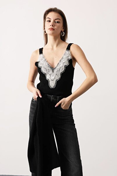 VAGGON Women's Black Lace Detailed Blouse and Corded Fabric Cardigan Knitwear Set Vs01708