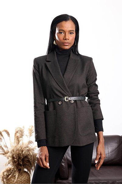 5in1Canpolat Bitter Brown Belted Double-Breasted Rider Jacket 17184