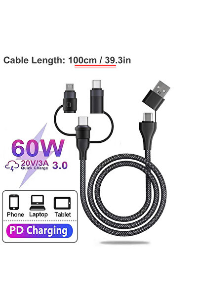 Choice 5 in 1 100cm - Black 4 5 in1 Multi Charging Cable PD 60W Fast Charging Portable USB C Charging Cord
