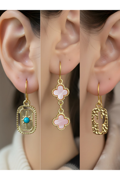 TURBİJ Kaktüs Pembe Yonca Tablet Kutup Yıldızı Sembol Figürlü 3’lü Kadın Küpe...