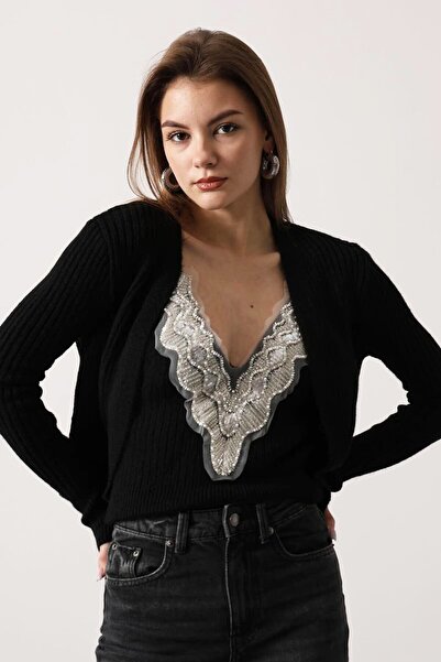 VAGGON Women's Black Lace Detailed Blouse and Corded Fabric Cardigan Knitwear Set Vs01708