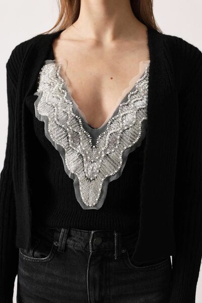 VAGGON Women's Black Lace Detailed Blouse and Corded Fabric Cardigan Knitwear Set Vs01708