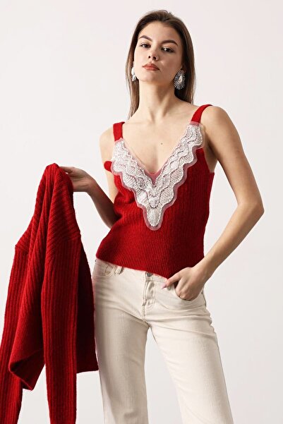 VAGGON Women's Red Lace Detailed Blouse and Corded Fabric Cardigan Knitwear Set Vs01708