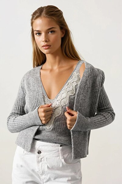 VAGGON Women's Gray Lace Detailed Blouse and Corded Fabric Cardigan Knitwear Set Vs01708