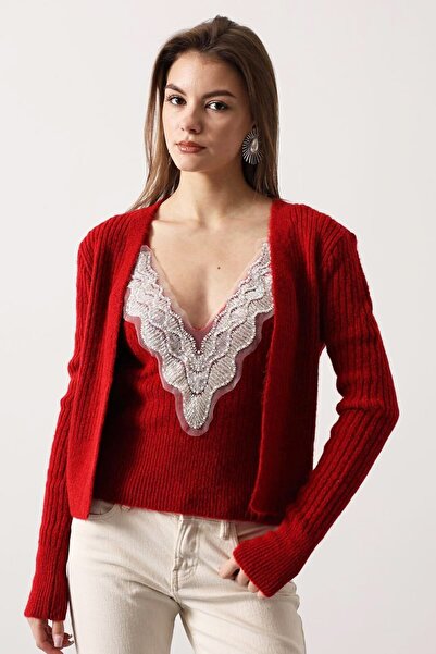 VAGGON Women's Red Lace Detailed Blouse and Corded Fabric Cardigan Knitwear Set Vs01708