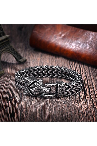 Viking Nordic Fenrir Wolf Clip-On Nordic Back & Fenrir Design 316L Stainless Steel Non-Tarnish Bracelet